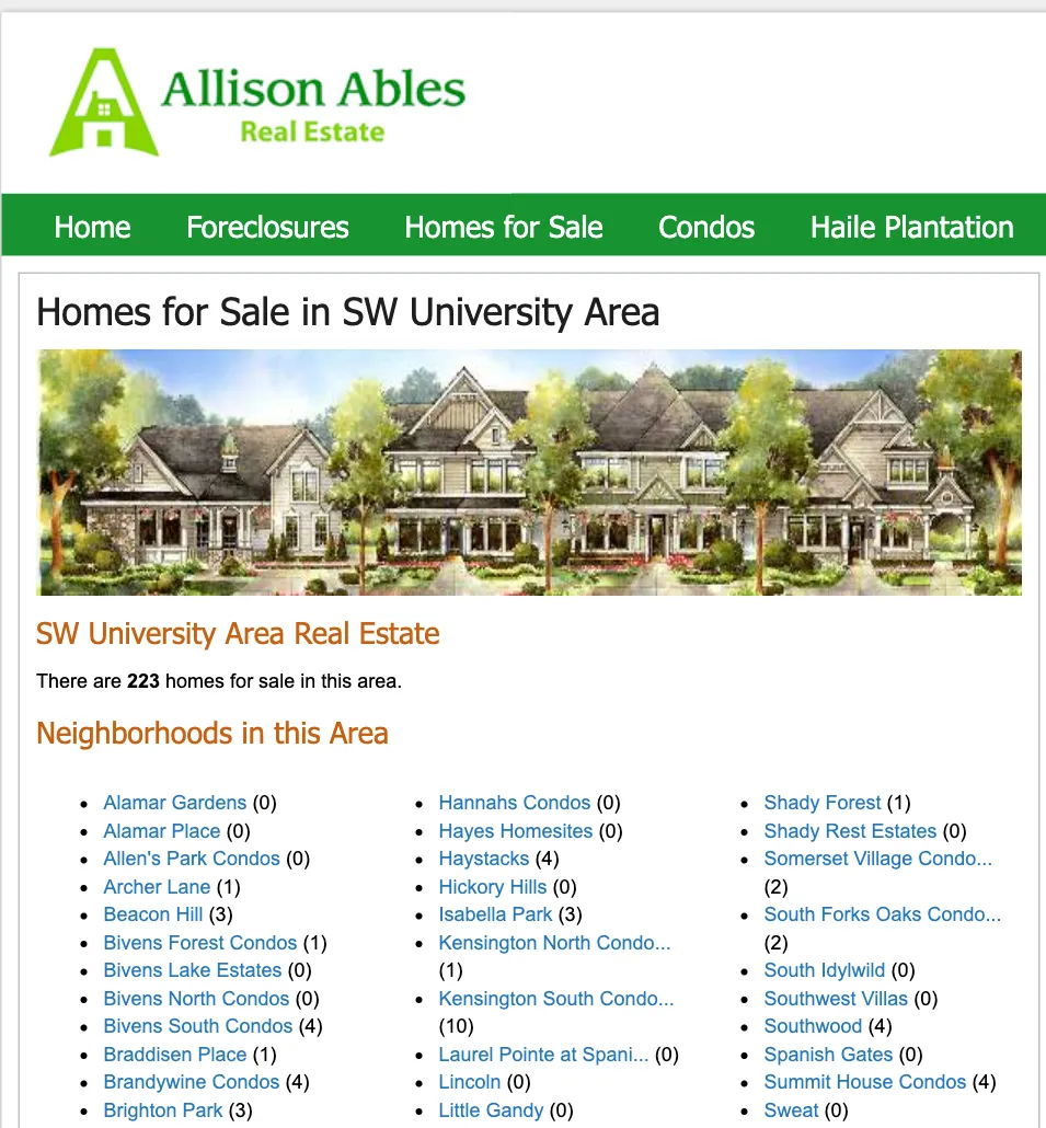 Archived AllisonAbles.com area page from 2010: Homes for Sale in SW University Area, with a count of homes and an index of neighborhoods in the area