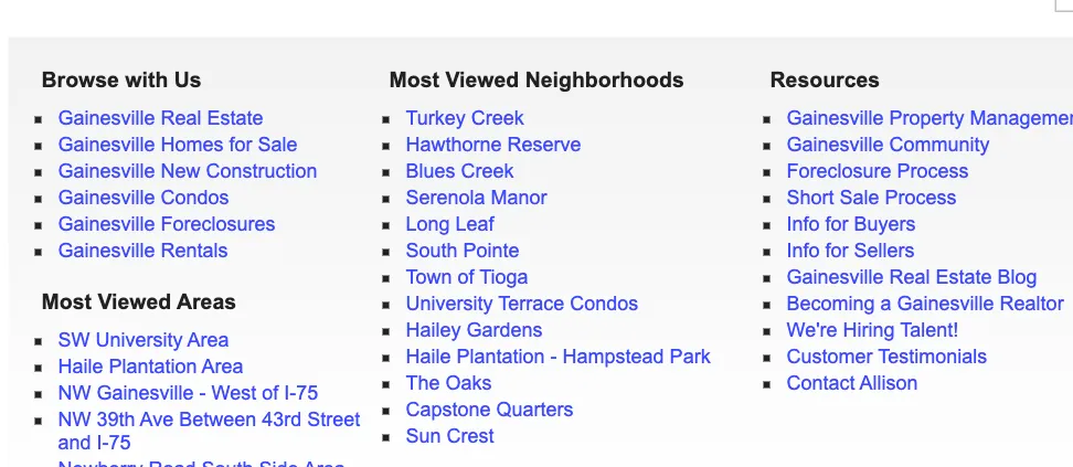 Archived AllisonAbles.com site index from 2013: browse by area, most viewed neighborhoods, and buyer and seller resources