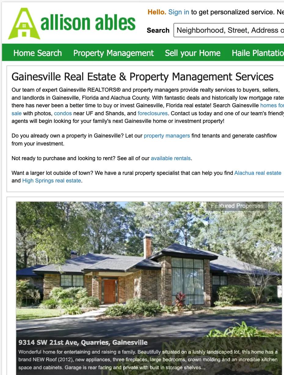 Archived AllisonAbles.com home page from 2013 with property search, property management, and local real estate guidance