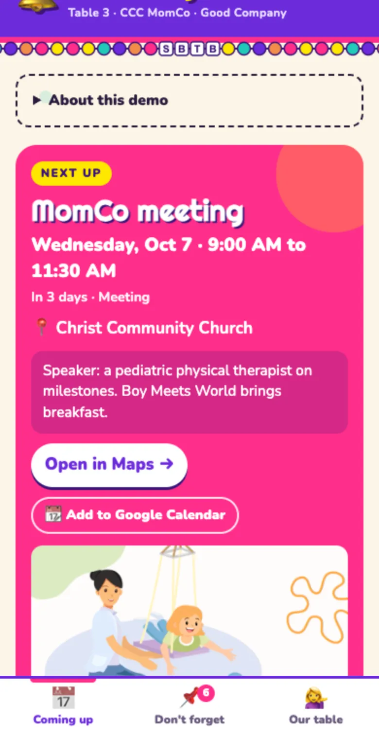 Demo of the MomCo table app on a phone showing the next event with map and calendar buttons