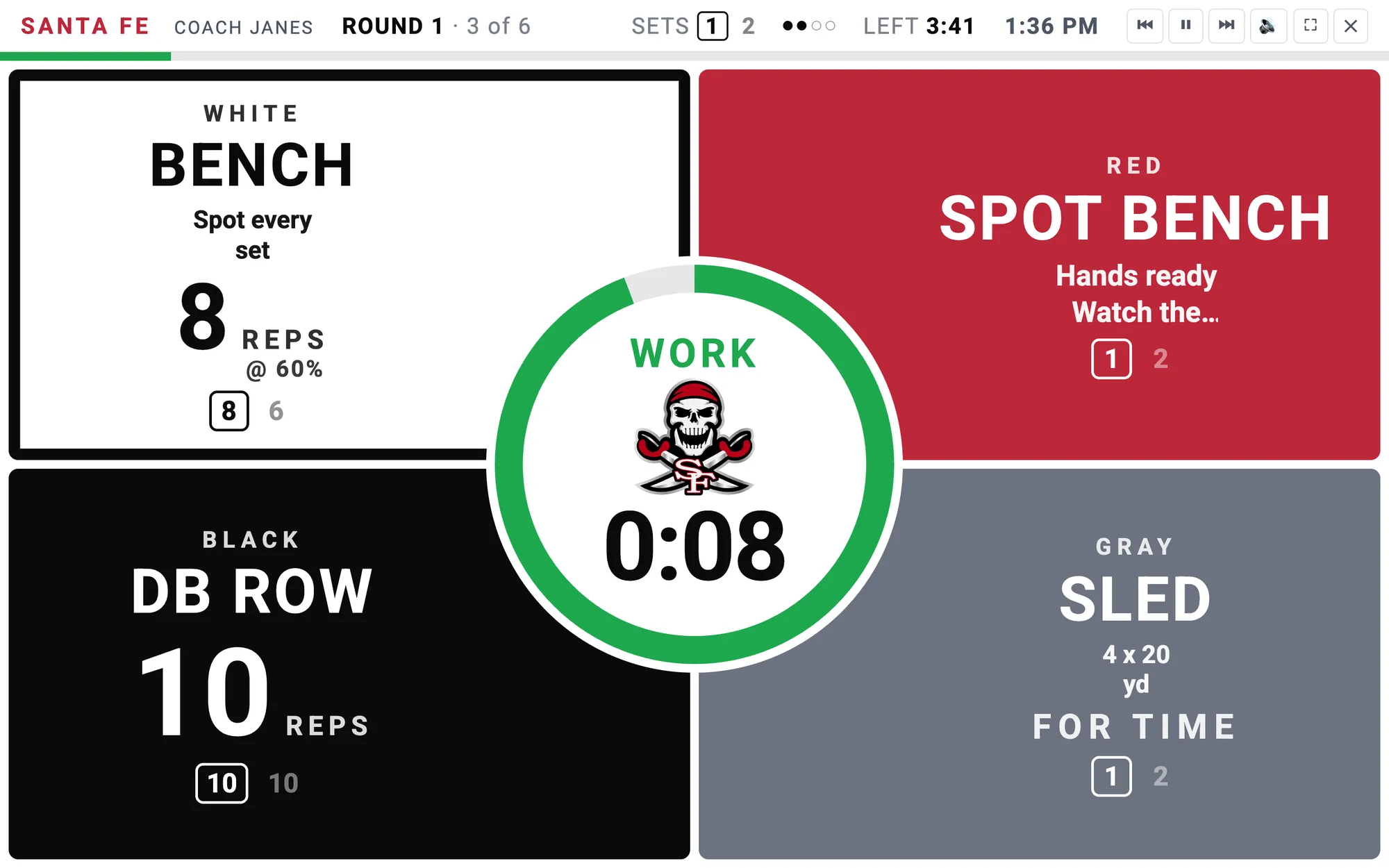 Santa Fe Weight Room Coach live board: four color-coded stations around a central work timer