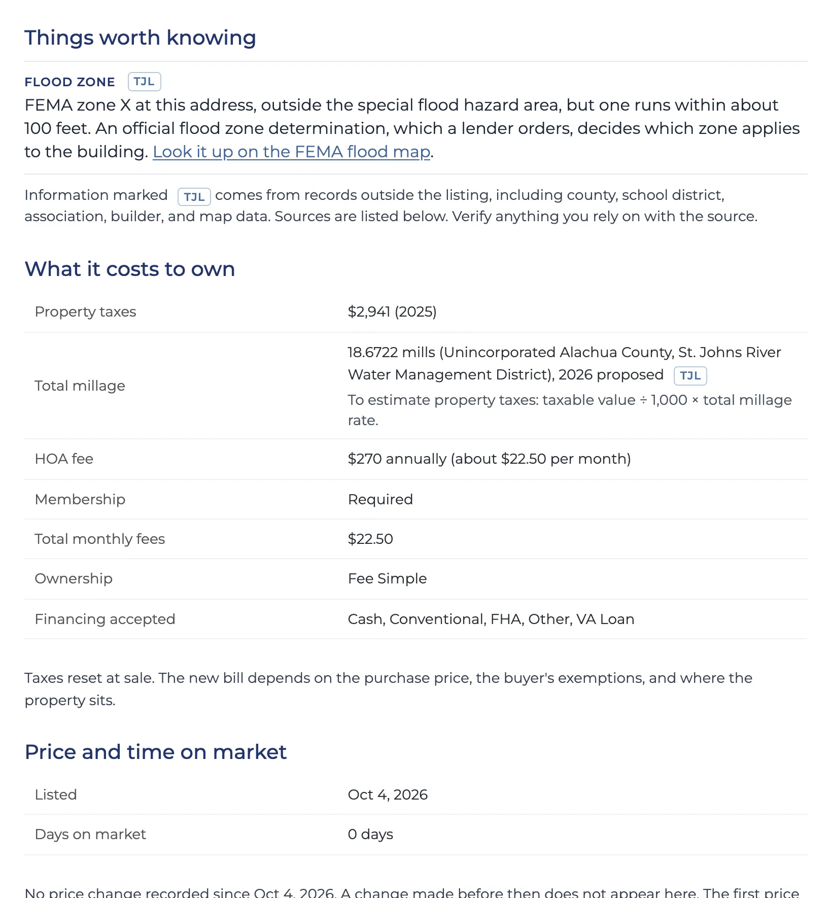 A TeamJLHomes.com listing page section titled Things worth knowing, with flood-zone context and what it costs to own, including taxes, millage, and HOA fees