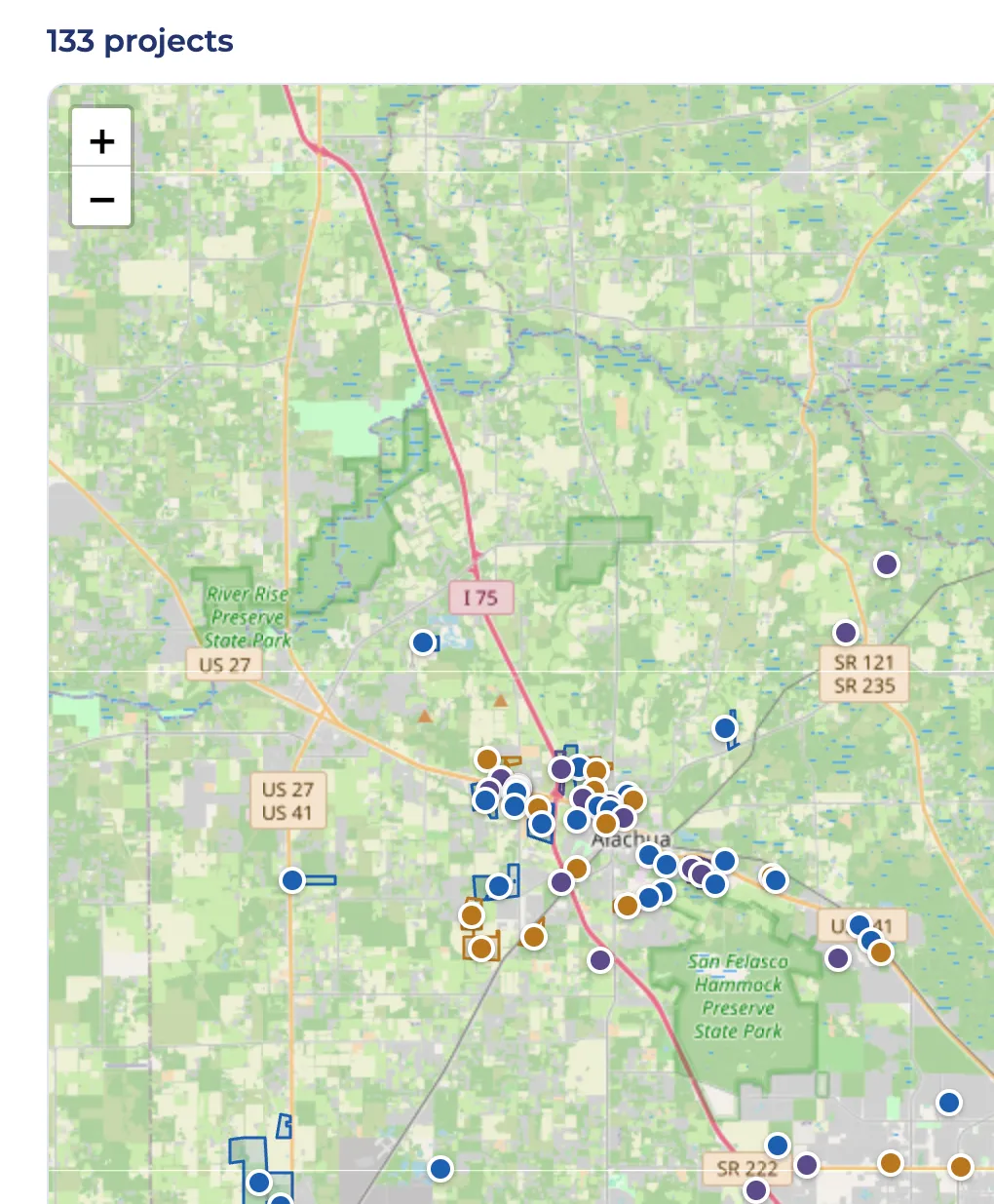 TeamJLHomes.com What’s Changing map: development projects across Alachua County plotted on a map with filters by area, type, and date